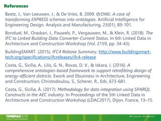 References
Beetz, J., Van Leeuwen, J., & De Vries, B. 2009. IfcOWL: A case of
transforming EXPRESS schemas into ontologies. Artificial Intelligence for
Engineering Design, Analysis and Manufacturing, 23(01), 89-101.
Bonduel, M., Oraskari, J., Pauwels, P., Vergauwen, M., & Klein, R. (2018). The
IFC to Linked Building Data Converter-Current Status. In 6th Linked Data in
Architecture and Construction Workshop (Vol. 2159, pp. 34-43).
BuildingSMART. (2015). IFC4 Release Summary. http://www.buildingsmart-
tech.org/specifications/ifcreleases/ifc4-release
Costa, G., Sicilia, A., Lilis, G. N., Rovas, D. V., & Izkara, J. (2016). A
comprehensive ontologies-based framework to support retrofitting design of
energy-efficient districts. Ework and Ebusiness in Architecture, Engineering
and Construction; Christodoulou, S., Scherer, R., Eds, 673-681.
Costa, G., Sicilia, Á. (2017). Methodology for data integration using SPARQL
Constructs in the AEC industry. In Proceedings of the 5th Linked Data in
Architecture and Construction Workshop (LDAC2017), Dijon, France, 13–15.
 