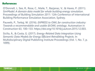 References
O'Donnell, J., See, R., Rose, C., Maile, T., Bazjanac, V., & Haves, P. (2011).
SimModel: A domain data model for whole building energy simulation.
Proceedings of Building Simulation 2011: 12th Conference of International
Building Performance Simulation Association, Sydney.
Pauwels, P., Terkaj, W. (2016). EXPRESS to OWL for construction industry:
Towards a recommendable and usable ifcOWL ontology. Automation in
Construction 63, 100–133. https://doi.org/10.1016/j.autcon.2015.12.003.
Sicilia, Á., & Costa, G. (2017). Energy-Related Data Integration Using
Semantic Data Models for Energy Efficient Retrofitting Projects. In
Multidisciplinary Digital Publishing Institute Proceedings (Vol. 1, No. 7, p.
1099).
 