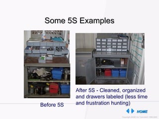 Some 5S Examples Before 5S After 5S - Cleaned, organized and drawers labeled (less time and frustration hunting) 