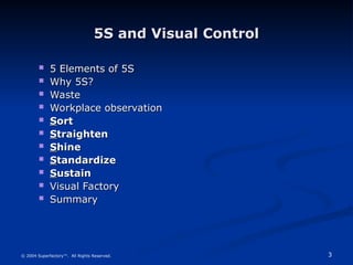 3
© 2004 Superfactory™. All Rights Reserved.
5S and Visual Control
5S and Visual Control
 5 Elements of 5S
5 Elements of 5S
 Why 5S?
Why 5S?
 Waste
Waste
 Workplace observation
Workplace observation
 S
Sort
ort
 S
Straighten
traighten
 S
Shine
hine
 S
Standardize
tandardize
 S
Sustain
ustain
 Visual Factory
Visual Factory
 Summary
Summary
 