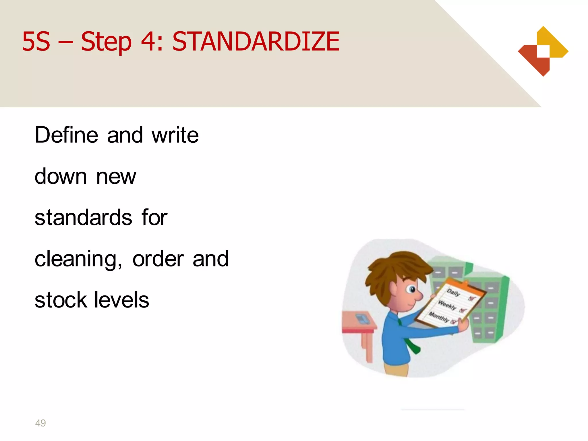 49
Define and write
down new
standards for
cleaning, order and
stock levels
5S – Step 4: STANDARDIZE
 