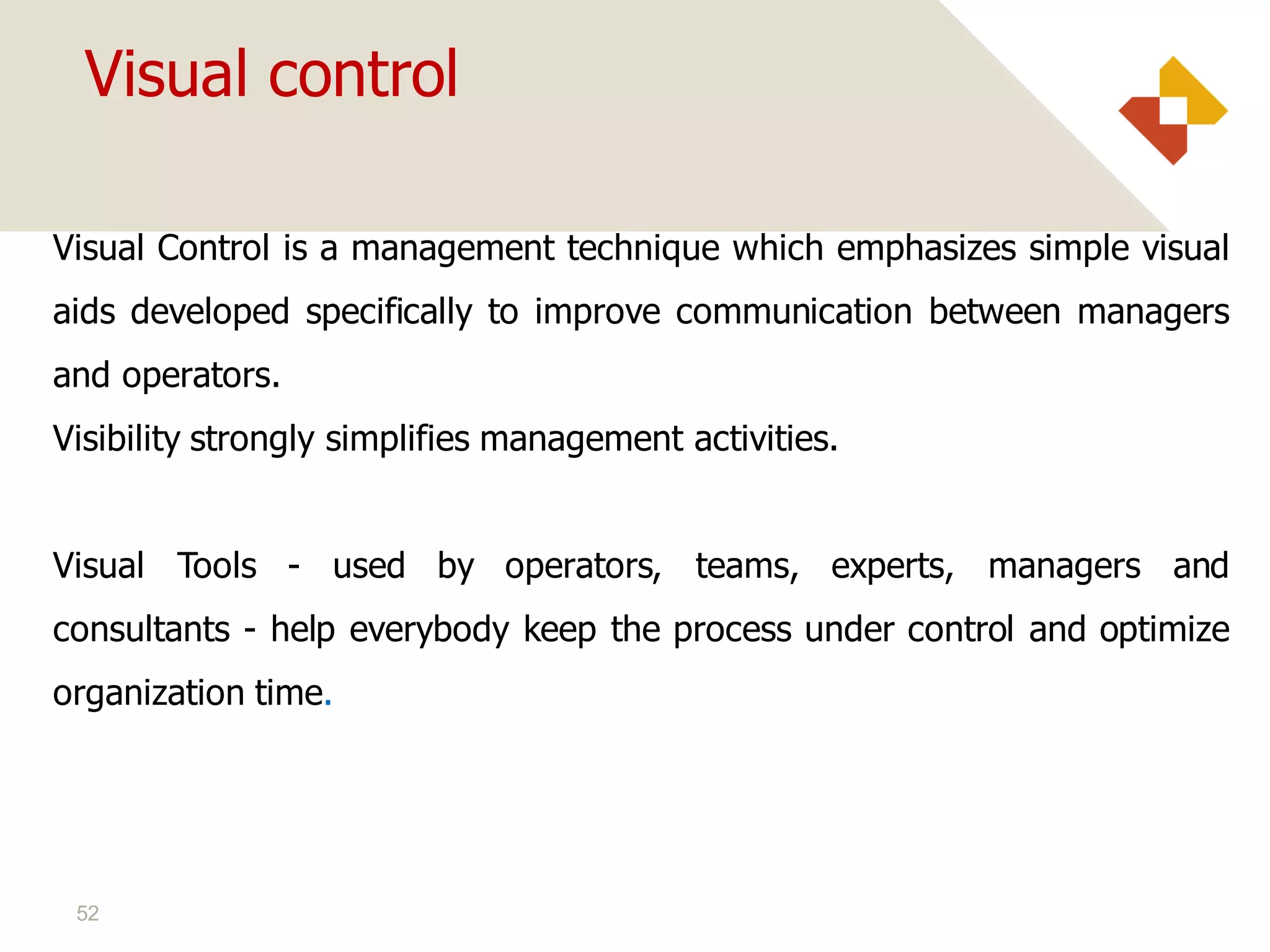 52
Visual Control is a management technique which emphasizes simple visual
aids developed specifically to improve communication between managers
and operators.
Visibility strongly simplifies management activities.
Visual Tools - used by operators, teams, experts, managers and
consultants - help everybody keep the process under control and optimize
organization time.
Visual control
 