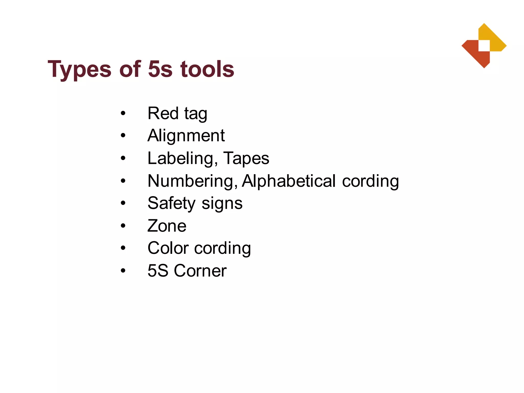 Types of 5s tools
• Red tag
• Alignment
• Labeling, Tapes
• Numbering, Alphabetical cording
• Safety signs
• Zone
• Color cording
• 5S Corner
 