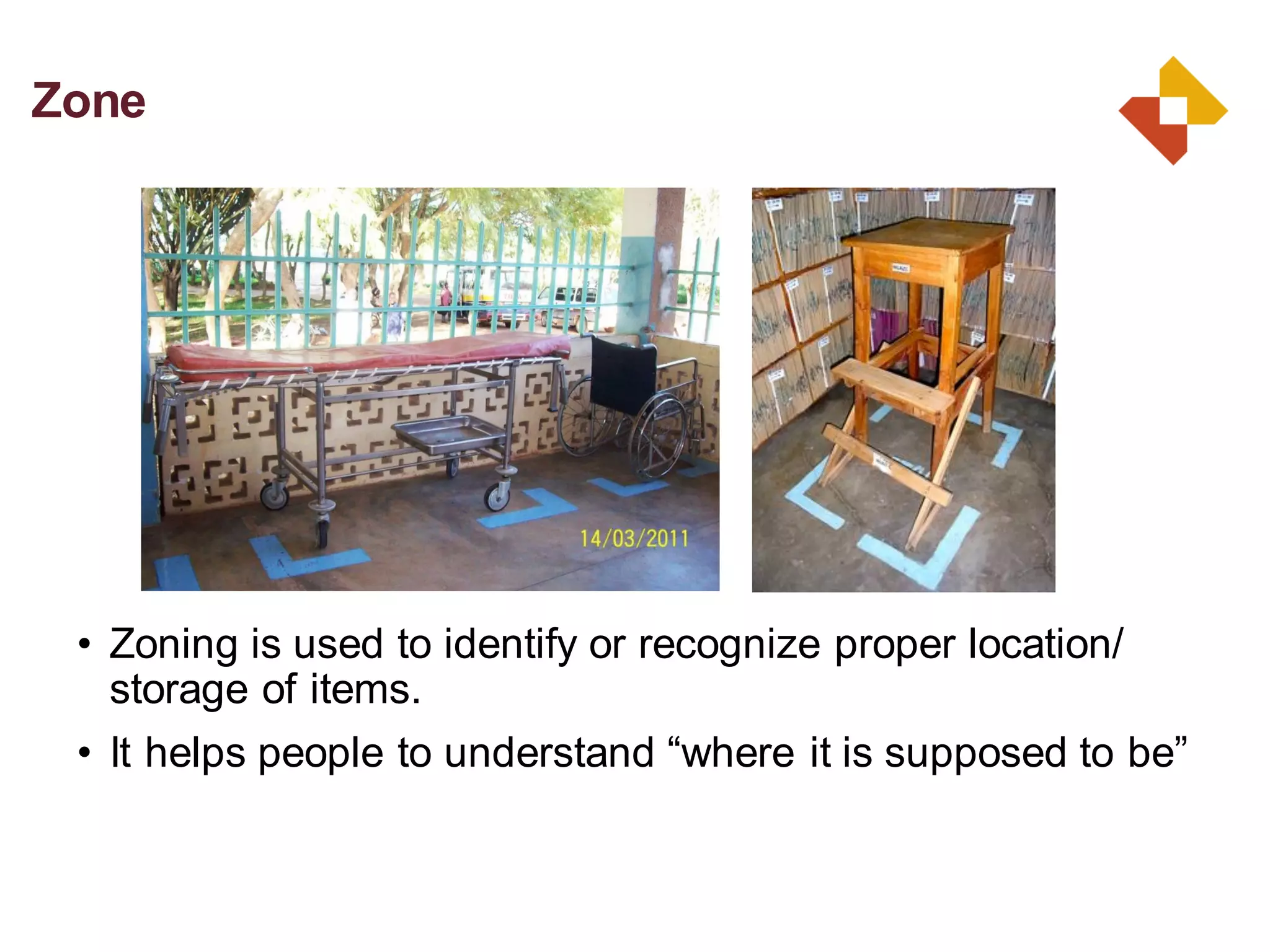 • Zoning is used to identify or recognize proper location/
storage of items.
• It helps people to understand “where it is supposed to be”
Zone
 