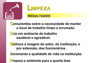 C onscientiza   sobre a necessidade de manter o local de trabalho limpo e arrumado. C ria   um ambiente de trabalho saudável e agradável. M elhora   a imagem do setor, da instituição, e por extensão, dos funcionários. I ncrementa   a qualidade de vida na instituição. P repara   o ambiente para a quarta fase . RESULTADOS L IM   PE   Z   A 