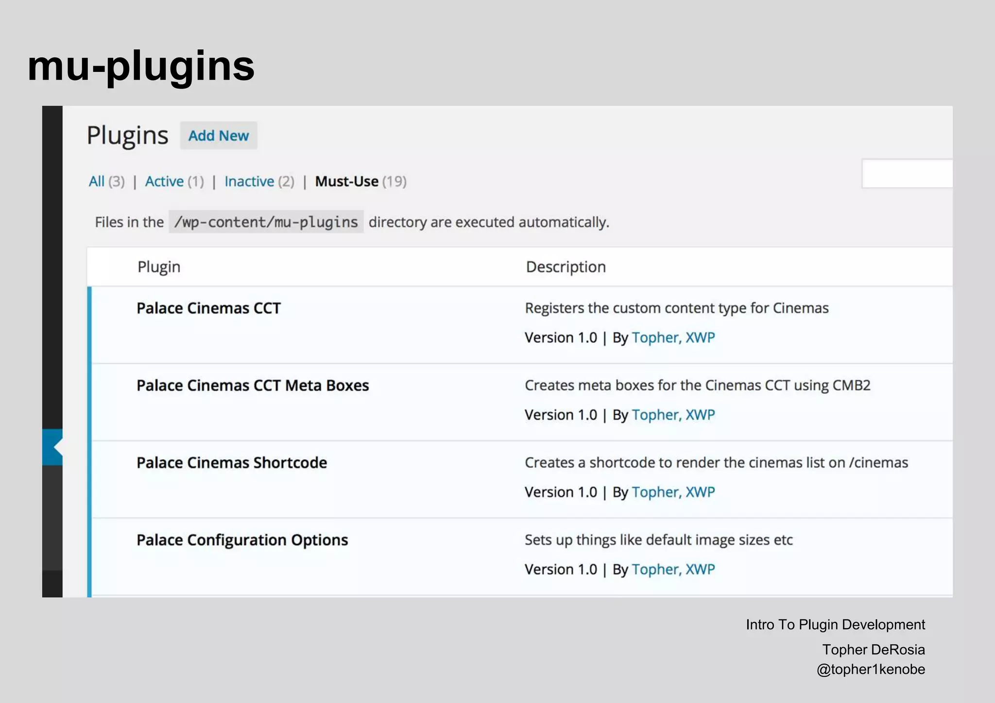 mu-plugins
Intro To Plugin Development
Topher DeRosia
@topher1kenobe
 
