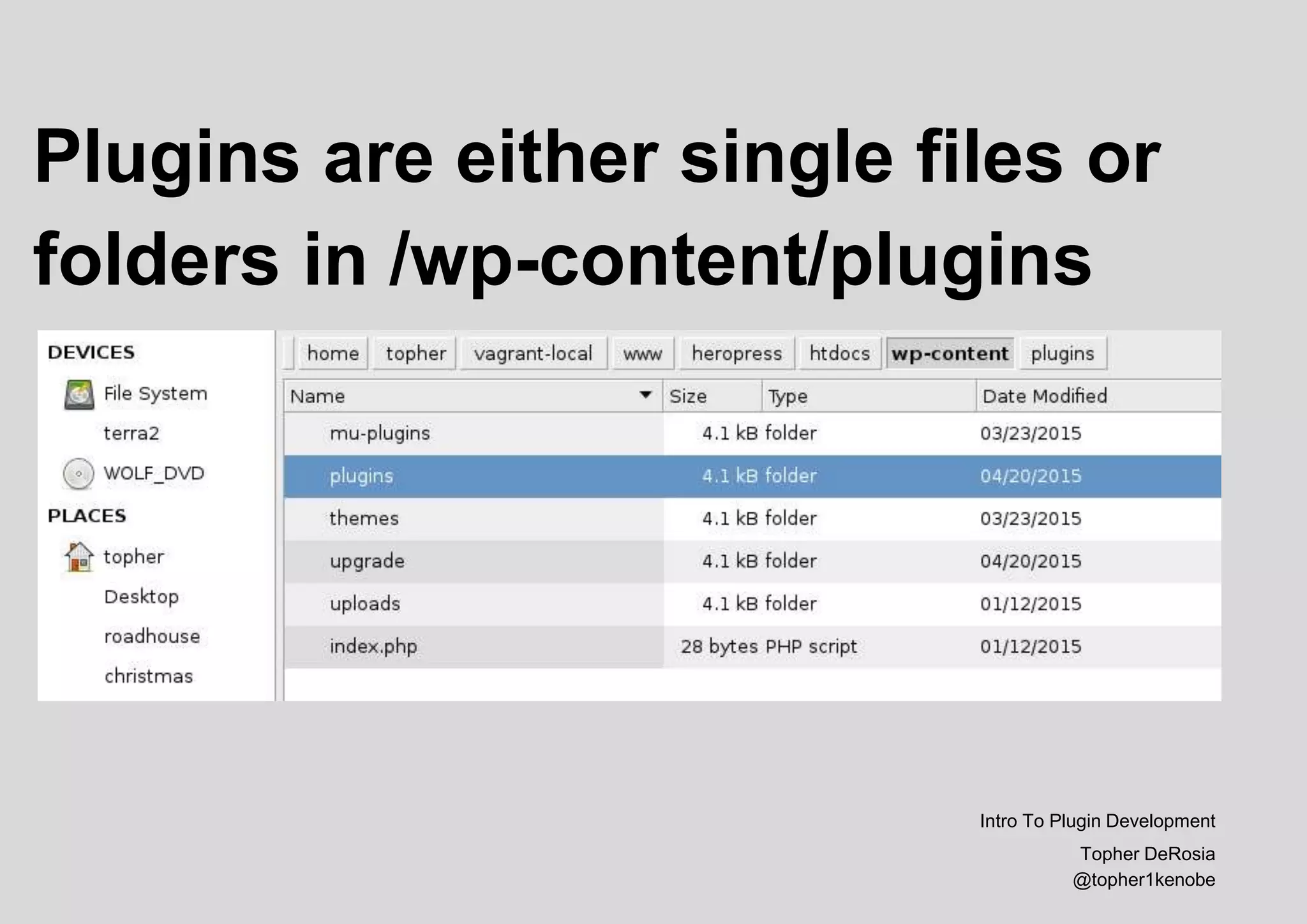 Plugins are either single files or
folders in /wp-content/plugins
Intro To Plugin Development
Topher DeRosia
@topher1kenobe
 