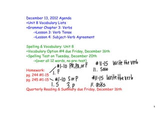 December 13, 2012 Agenda
+Unit 8 Vocabulary Lists
+Grammar Chapter 3: Verbs
    ->Lesson 3: Verb Tense
    ->Lesson 4: Subject-Verb Agreement

Spelling & Vocabulary: Unit 8
+Vocabulary Option #4 due Friday, December 16th
+Spelling Test on Tuesday, December 20th
    ->(over all 12 words, no pre-test)

Homework:
pg. 244 #1-15
pg. 245 #1-15

Quarterly Reading & Summary due Friday, December 16th



                                                        1
 
