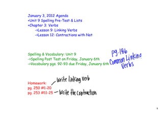 January 3, 2012 Agenda
+Unit 9 Spelling Pre-Test & Lists
+Chapter 3: Verbs
    ->Lesson 9: Linking Verbs
    ->Lesson 12: Contractions with Not




Spelling & Vocabulary: Unit 9
->Spelling Post Test on Friday, January 6th
->Vocabulary pgs. 92-93 due Friday, January 6th




Homework:
pg. 250 #1-20
pg. 253 #11-25



                                                  1
 
