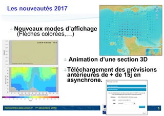 Rencontres data.shom.fr - 1er décembre 2016
Les nouveautés 2017
5
Nouveaux modes d’affichage
(Flèches colorées,…)
Animation d’une section 3D
Téléchargement des prévisions
antérieures de + de 15j en
asynchrone.
 