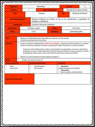 Asignatura Matemáticas Semana 9
Trimestre 1 Fecha de aplicación Miércoles 26 de octubre de 2022
Tema Triángulos Eje Manejo de información
Aprendizaje Esperado Resuelve problemas que implican el suso de las características y propiedades de
triángulos y cuadriláteros.
Competencia Comunicar información matemática
Organización Individual y grupal Tiempo 50 minutos
sesión 2 de 5 Estrategia Aprendizaje guiado
Inicio • Realizar una retroalimentación de la clase anterior por medio de una lluvia de ideas.
• Escuchar las participaciones de los alumnos.
Desarrollo • Escribir en el pizarrón el siguiente titulo ¨La altura de un triángulo¨ y solicitar a los alumnos escribirlo en su cuaderno.
• Explicar a los alumnos la siguiente información y posteriormente requerir transcribirlo en su libreta de apuntes:
la altura es la menor distancia entre un vértice y el lado opuesto (o su prolongación), por lo que a cada vértice le
corresponde una altura. También utilizamos el nombre de altura para referirnos a la recta que pasa por un vértice y
es perpendicular al lado opuesto, pues es sobre esta recta sobre la que medimos esa distancia.
• Requerir a los alumnos resolver de manera individual el desafío 27.
Cierre • Entregar a los alumnos el anexo 10.
Recursos didácticos Evidencia de aprendizaje Evaluación
• Anexo
• Libro de texto
• Actividad impresa
• Libro de texto
• Indicadores:
Identifica las alturas de los triángulos.
• Instrumentos:
• Ejercicio impreso y actividad del libro.
Adecuaciones curriculares
 