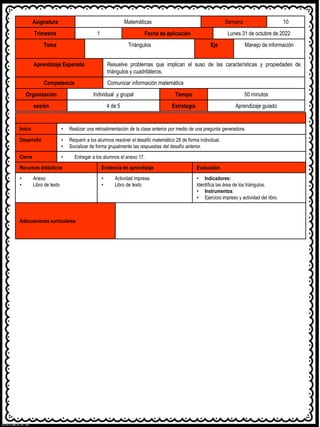 Asignatura Matemáticas Semana 10
Trimestre 1 Fecha de aplicación Lunes 31 de octubre de 2022
Tema Triángulos Eje Manejo de información
Aprendizaje Esperado Resuelve problemas que implican el suso de las características y propiedades de
triángulos y cuadriláteros.
Competencia Comunicar información matemática
Organización Individual y grupal Tiempo 50 minutos
sesión 4 de 5 Estrategia Aprendizaje guiado
Inicio • Realizar una retroalimentación de la clase anterior por medio de una pregunta generadora.
Desarrollo • Requerir a los alumnos resolver el desafió matemático 28 de forma individual.
• Socializar de forma grupalmente las respuestas del desafío anterior.
Cierre • Entregar a los alumnos el anexo 17.
Recursos didácticos Evidencia de aprendizaje Evaluación
• Anexo
• Libro de texto
• Actividad impresa
• Libro de texto
• Indicadores:
Identifica las área de los triángulos.
• Instrumentos:
• Ejercicio impreso y actividad del libro.
Adecuaciones curriculares
 