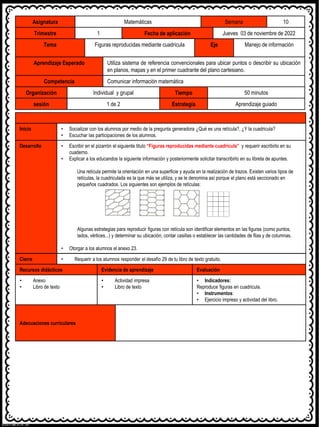 Asignatura Matemáticas Semana 10
Trimestre 1 Fecha de aplicación Jueves 03 de noviembre de 2022
Tema Figuras reproducidas mediante cuadricula Eje Manejo de información
Aprendizaje Esperado Utiliza sistema de referencia convencionales para ubicar puntos o describir su ubicación
en planos, mapas y en el primer cuadrante del plano cartesiano.
Competencia Comunicar información matemática
Organización Individual y grupal Tiempo 50 minutos
sesión 1 de 2 Estrategia Aprendizaje guiado
Inicio • Socializar con los alumnos por medio de la pregunta generadora ¿Qué es una retícula?, ¿Y la cuadricula?
• Escuchar las participaciones de los alumnos.
Desarrollo • Escribir en el pizarrón el siguiente titulo “Figuras reproducidas mediante cuadrícula” y requerir escribirlo en su
cuaderno.
• Explicar a los educandos la siguiente información y posteriormente solicitar transcribirlo en su libreta de apuntes.
Una retícula permite la orientación en una superficie y ayuda en la realización de trazos. Existen varios tipos de
retículas, la cuadriculada es la que más se utiliza, y se le denomina así porque el plano está seccionado en
pequeños cuadrados. Los siguientes son ejemplos de retículas:
Algunas estrategias para reproducir figuras con retícula son identificar elementos en las figuras (como puntos,
lados, vértices...) y determinar su ubicación, contar casillas o establecer las cantidades de filas y de columnas.
• Otorgar a los alumnos el anexo 23.
Cierre • Requerir a los alumnos responder el desafío 29 de tu libro de texto gratuito.
Recursos didácticos Evidencia de aprendizaje Evaluación
• Anexo
• Libro de texto
• Actividad impresa
• Libro de texto
• Indicadores:
Reproduce figuras en cuadricula.
• Instrumentos:
• Ejercicio impreso y actividad del libro.
Adecuaciones curriculares
 