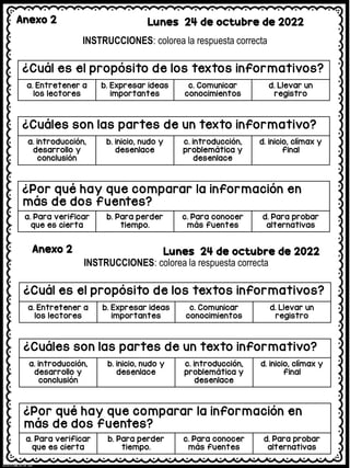 Anexo 2 Lunes 24 de octubre de 2022
INSTRUCCIONES: colorea la respuesta correcta
¿Cuál es el propósito de los textos informativos?
a. Entretener a
los lectores
b. Expresar ideas
importantes
c. Comunicar
conocimientos
d. Llevar un
registro
¿Cuáles son las partes de un texto informativo?
a. introducción,
desarrollo y
conclusión
b. inicio, nudo y
desenlace
c. introducción,
problemática y
desenlace
d. inicio, clímax y
final
¿Por qué hay que comparar la información en
más de dos fuentes?
a. Para verificar
que es cierta
b. Para perder
tiempo.
c. Para conocer
más fuentes
d. Para probar
alternativas
INSTRUCCIONES: colorea la respuesta correcta
¿Cuál es el propósito de los textos informativos?
a. Entretener a
los lectores
b. Expresar ideas
importantes
c. Comunicar
conocimientos
d. Llevar un
registro
¿Cuáles son las partes de un texto informativo?
a. introducción,
desarrollo y
conclusión
b. inicio, nudo y
desenlace
c. introducción,
problemática y
desenlace
d. inicio, clímax y
final
¿Por qué hay que comparar la información en
más de dos fuentes?
a. Para verificar
que es cierta
b. Para perder
tiempo.
c. Para conocer
más fuentes
d. Para probar
alternativas
Anexo 2 Lunes 24 de octubre de 2022
 