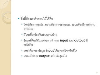  สิ่งที่ต้องหาคาตอบให้ได้คือ
◦ โจทย์ต้องการอะไร , ความต้องการของระบบ , ระบบต้องมีการทางาน
อะไรบ้าง
◦ มีใครเกี่ยวข้องกับระบบงานบ้าง
◦ ข้อมูลที่ต้องใช้ในแต่ละการทางาน input และ output มี
อะไรบ้าง
◦ แหล่งที่มาของข้อมูล input ได้มาจากใครหรือที่ใด
◦ แหล่งที่ไปของ output จะไปสิ้นสุดที่ใด
29
 