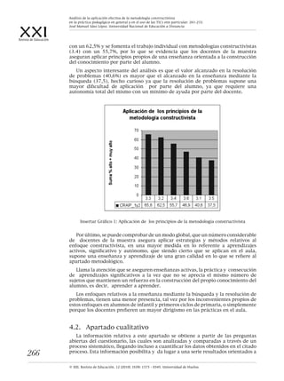 XXIRevista de Educación
© XXI, Revista de Educación, 12 (2010). ISSN: 1575 - 0345. Universidad de Huelva.
266
con un 62,5% y se fomenta el trabajo individual con metodologías constructivistas
(3.4) con un 55,7%, por lo que se evidencia que los docentes de la muestra
aseguran aplicar principios propios de una enseñanza orientada a la construcción
del conocimiento por parte del alumno.
Un aspecto interesante del análisis es que el valor alcanzado en la resolución
de problemas (40,6%) es mayor que el alcanzado en la enseñanza mediante la
búsqueda (37,5), hecho curioso ya que la resolución de problemas supone una
mayor dificultad de aplicación por parte del alumno, ya que requiere una
autonomía total del mismo con un mínimo de ayuda por parte del docente.
Insertar Gráfico 1: Aplicación de los principios de la metodología constructivista
Por último, se puede comprobar de un modo global, que un número considerable
de docentes de la muestra asegura aplicar estrategias y métodos relativos al
enfoque constructivista, en una mayor medida en lo referente a aprendizajes
activos, significativo y autónomo, que siendo cierto que se aplican en el aula,
supone una enseñanza y aprendizaje de una gran calidad en lo que se refiere al
apartado metodológico.
Llama la atención que se aseguren enseñanzas activas, la práctica y consecución
de aprendizajes significativos a la vez que no se aprecia el mismo número de
sujetos que mantienen un refuerzo en la construcción del propio conocimiento del
alumno, es decir, aprender a aprender.
Los enfoques relativos a la enseñanza mediante la búsqueda y la resolución de
problemas, tienen una menor presencia, tal vez por los inconvenientes propios de
estos enfoques en alumnos de infantil y primeros ciclos de primaria, o simplemente
porque los docentes prefieren un mayor dirigismo en las prácticas en el aula.
4.2.	 Apartado cualitativo
La información relativa a este apartado se obtiene a partir de las preguntas
abiertas del cuestionario, las cuales son analizadas y comparadas a través de un
proceso sistemático, llegando incluso a cuantificar los datos obtenidos en el citado
proceso. Esta información posibilita y da lugar a una serie resultados orientados a
Análisis de la aplicación efectiva de la metodología constructivista
en la práctica pedagógica en general y en el uso de las TICs enn particular. 261-272.
José Manuel Sáez López. Universidad Nacional de Educación a Distancia
 