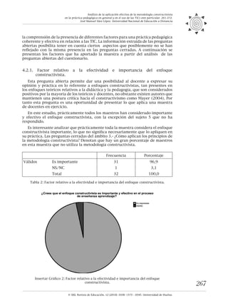 © XXI, Revista de Educación, 12 (2010). ISSN: 1575 - 0345. Universidad de Huelva.
267
la comprensión de la presencia de diferentes factores para una práctica pedagógica
coherente y efectiva en relación a las TIC. La información extraída de las preguntas
abiertas posibilita tener en cuenta ciertos aspectos que posiblemente no se han
reflejado con la misma presencia en las preguntas cerradas. A continuación se
presentan los factores que ha aportado la muestra a partir del análisis de las
preguntas abiertas del cuestionario.
4.2.1. Factor relativo a la efectividad e importancia del enfoque
constructivista.
Esta pregunta abierta permite dar una posibilidad al docente a expresar su
opinión y práctica en lo referente a enfoques constructivistas, tan presentes en
los enfoques teóricos relativos a la didáctica y la pedagogía, que son considerados
positivos por la mayoría de los teóricos y docentes, no obstante existen autores que
mantienen una postura crítica hacia el constructivismo como Mayer (2004). Por
tanto esta pregunta es una oportunidad de presentar lo que aplica una muestra
de docentes en ejercicio.
En este estudio, prácticamente todos los maestros han considerado importante
y efectivo el enfoque constructivista, con la excepción del sujeto 5 que no ha
respondido.
Es interesante analizar que prácticamente toda la muestra considera el enfoque
constructivista importante, lo que no significa necesariamente que lo apliquen en
su práctica. Las preguntas cerradas del ámbito 3.- ¿Cómo aplican los principios de
la metodología constructivista? Denotan que hay un gran porcentaje de maestros
en esta muestra que no utiliza la metodología constructivista.
Frecuencia Porcentaje
Válidos Es importante 31 96,9
NS/NC 1 3,1
Total 32 100,0
Tabla 2: Factor relativo a la efectividad e importancia del enfoque constructivista.
Insertar Gráfico 2: Factor relativo a la efectividad e importancia del enfoque
constructivista.
Análisis de la aplicación efectiva de la metodología constructivista
en la práctica pedagógica en general y en el uso de las TICs enn particular. 261-272.
José Manuel Sáez López. Universidad Nacional de Educación a Distancia
 