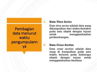Pembagian
data menurut
waktu
pengumpulann
ya
1. Data Time Series
Data time series adalah data yang
dikumpulkan dari waktu-kewaktu
pada satu obyek dengan tujuan
untuk menggambarkan
perkembangan.
2. Data Cross Section
Data cross section adalah data
yang di kumpulkan pada satu
waktu tertentu pada beberapa
obyek dengan tujuan untuk
menggambarkan keadaan
 