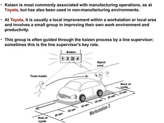 • Kaizen is most commonly associated with manufacturing operations, as at
Toyota, but has also been used in non-manufacturing environments.
• At Toyota, it is usually a local improvement within a workstation or local area
and involves a small group in improving their own work environment and
productivity.
• This group is often guided through the kaizen process by a line supervisor;
sometimes this is the line supervisor's key role.
 