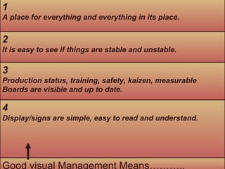1 A place for everything and everything in its place. 2 It is easy to see if things are stable and unstable. 3 Production status, training, safety, kaizen, measurable Boards are visible and up to date.  4 Display/signs are simple, easy to read and understand. Good visual Management Means……….. 
