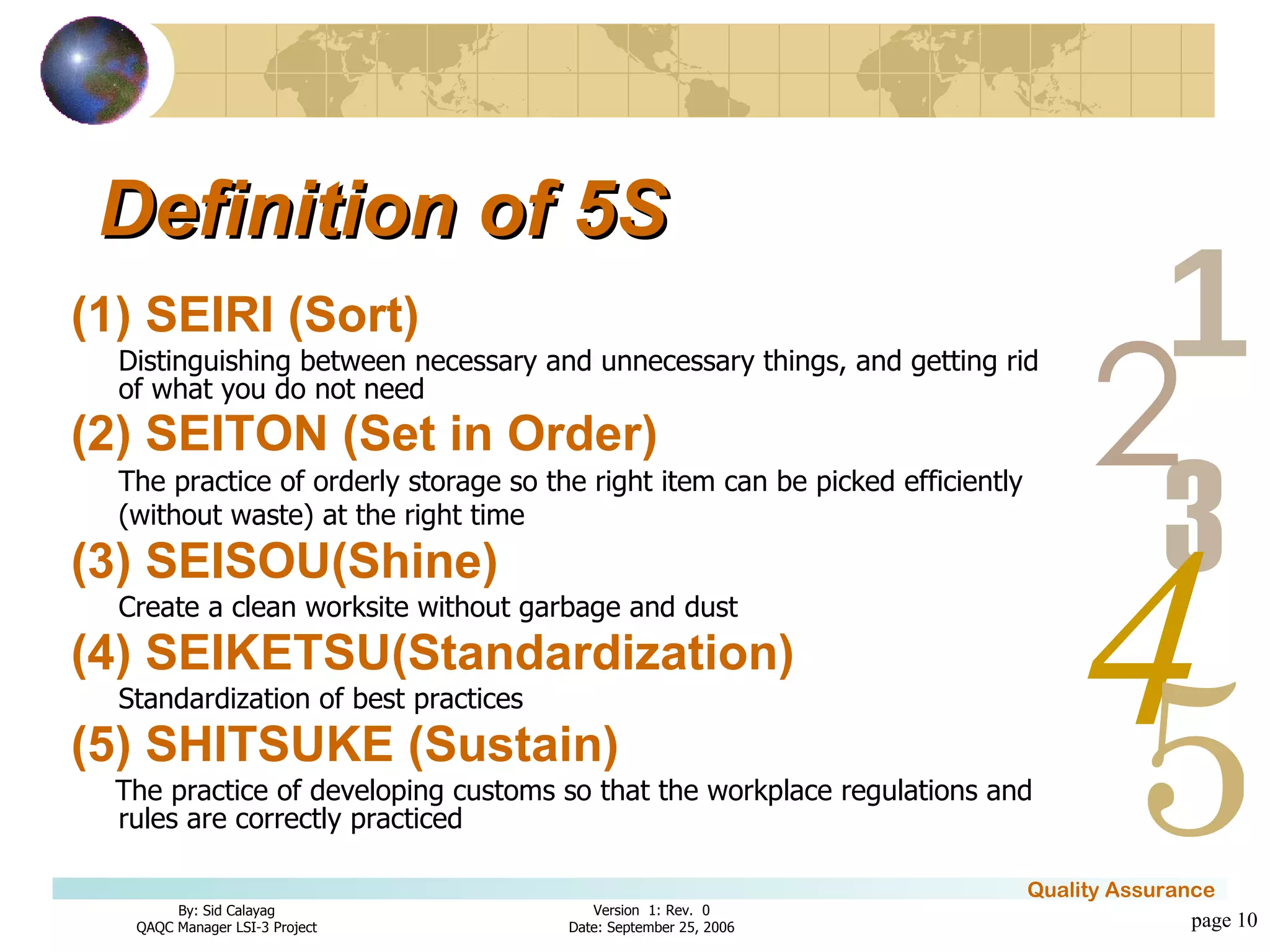 Definition of 5S (1) SEIRI (Sort) Distinguishing between necessary and unnecessary things, and getting rid of what you do not need (2) SEITON (Set in Order) The practice of orderly storage so the right item can be picked efficiently (without waste) at the right time   (3) SEISOU(Shine) Create a clean worksite without garbage and dust (4) SEIKETSU(Standardization) Standardization of best practices (5) SHITSUKE (Sustain) The practice of developing customs so that the workplace regulations and rules are correctly practiced page  
