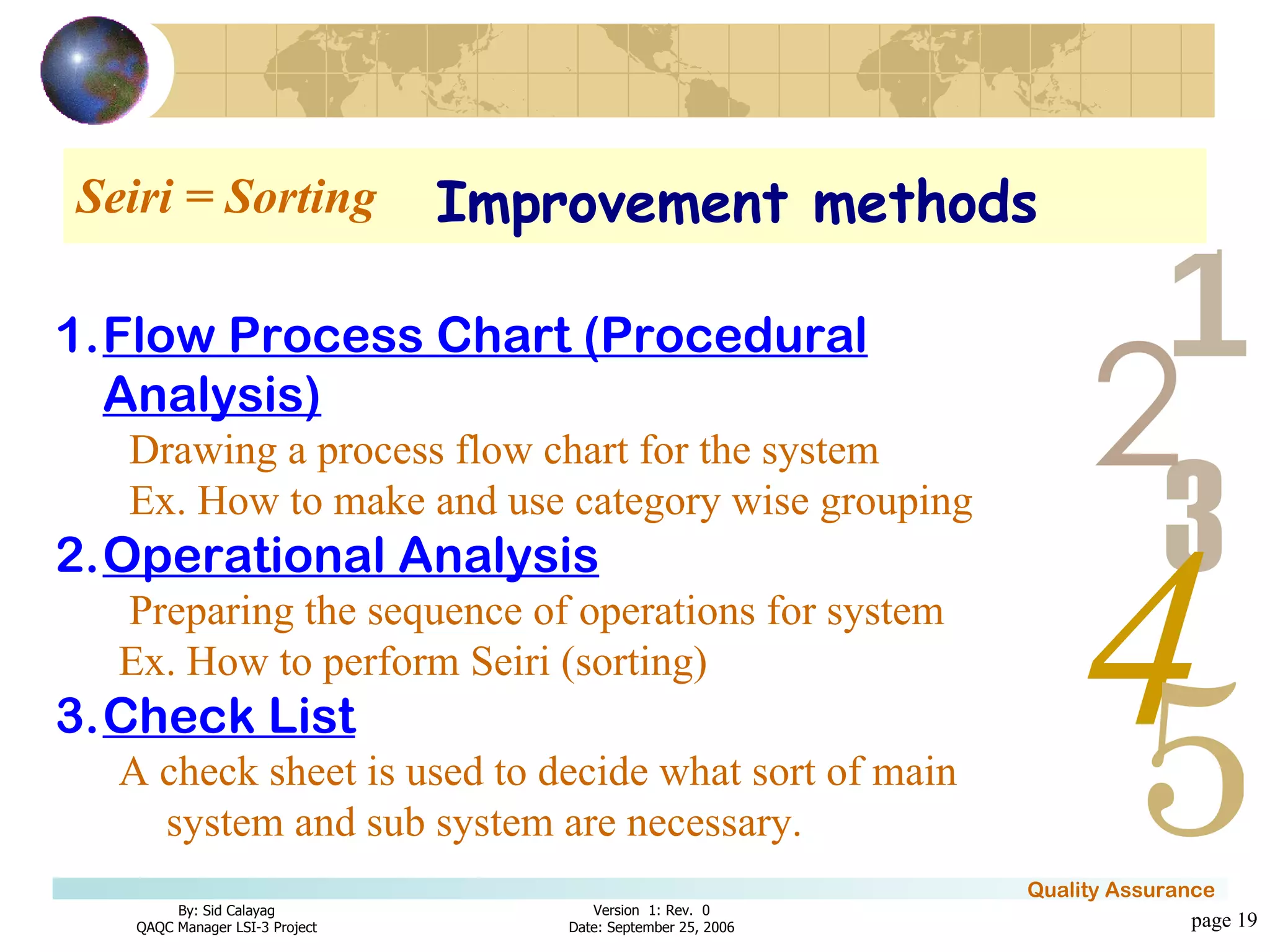 Seiri = Sorting page  Improvement methods Flow Process Chart (Procedural Analysis) Drawing a process flow chart for the system Ex. How to make and use category wise grouping Operational Analysis Preparing the sequence of operations for system Ex. How to perform Seiri (sorting) Check List A check sheet is used to decide what sort of main system and sub system are necessary. 