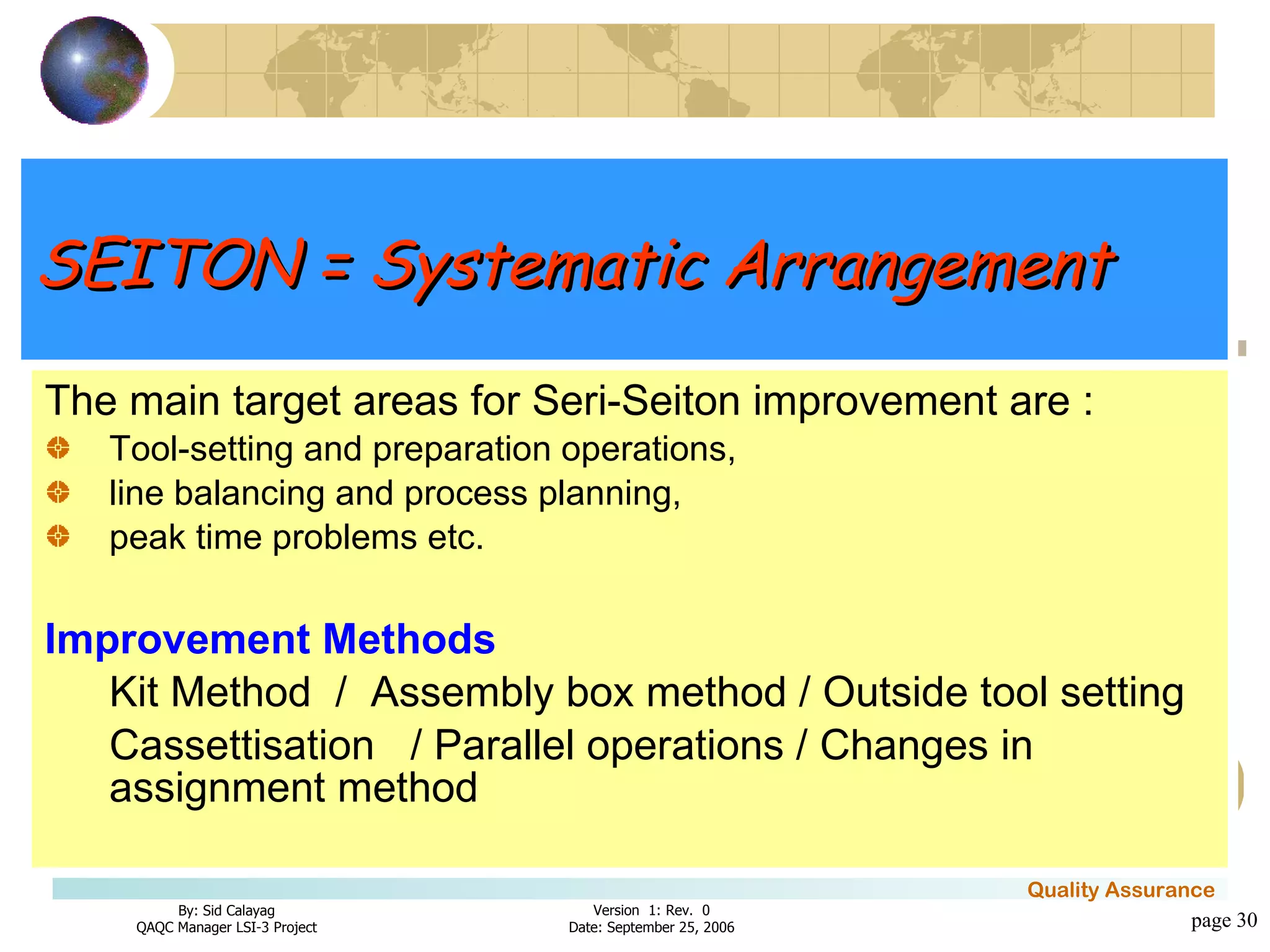 SEITON = Systematic Arrangement The main target areas for Seri-Seiton improvement are : Tool-setting and preparation operations, line balancing and process planning, peak time problems etc. Improvement Methods Kit Method  /  Assembly box method / Outside tool setting  Cassettisation  / Parallel operations / Changes in assignment method page  