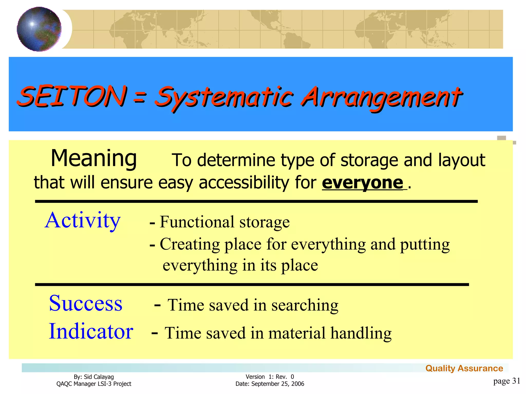SEITON = Systematic Arrangement Meaning To determine type of storage and layout that will ensure easy accessibility for  everyone   . page  Activity -  Functional storage  -  Creating place for everything and putting    everything in its place Success -  Time saved in searching  Indicator   -  Time saved in material handling 
