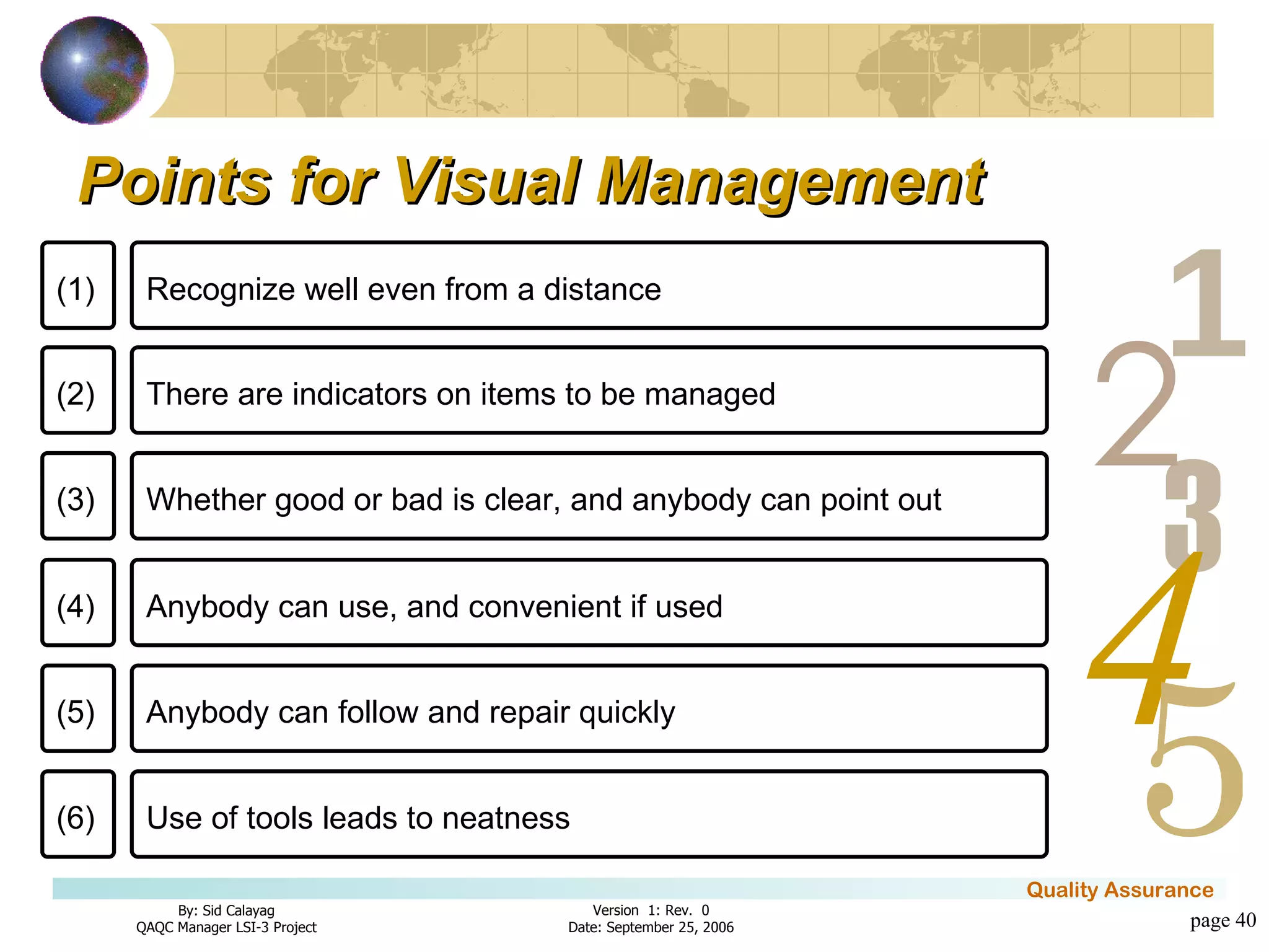 Points for Visual Management page  (1) Recognize well even from a distance (2) There are indicators on items to be managed (3) Whether good or bad is clear, and anybody can point out (4) Anybody can use, and convenient if used (5) Anybody can follow and repair quickly (6) Use of tools leads to neatness 