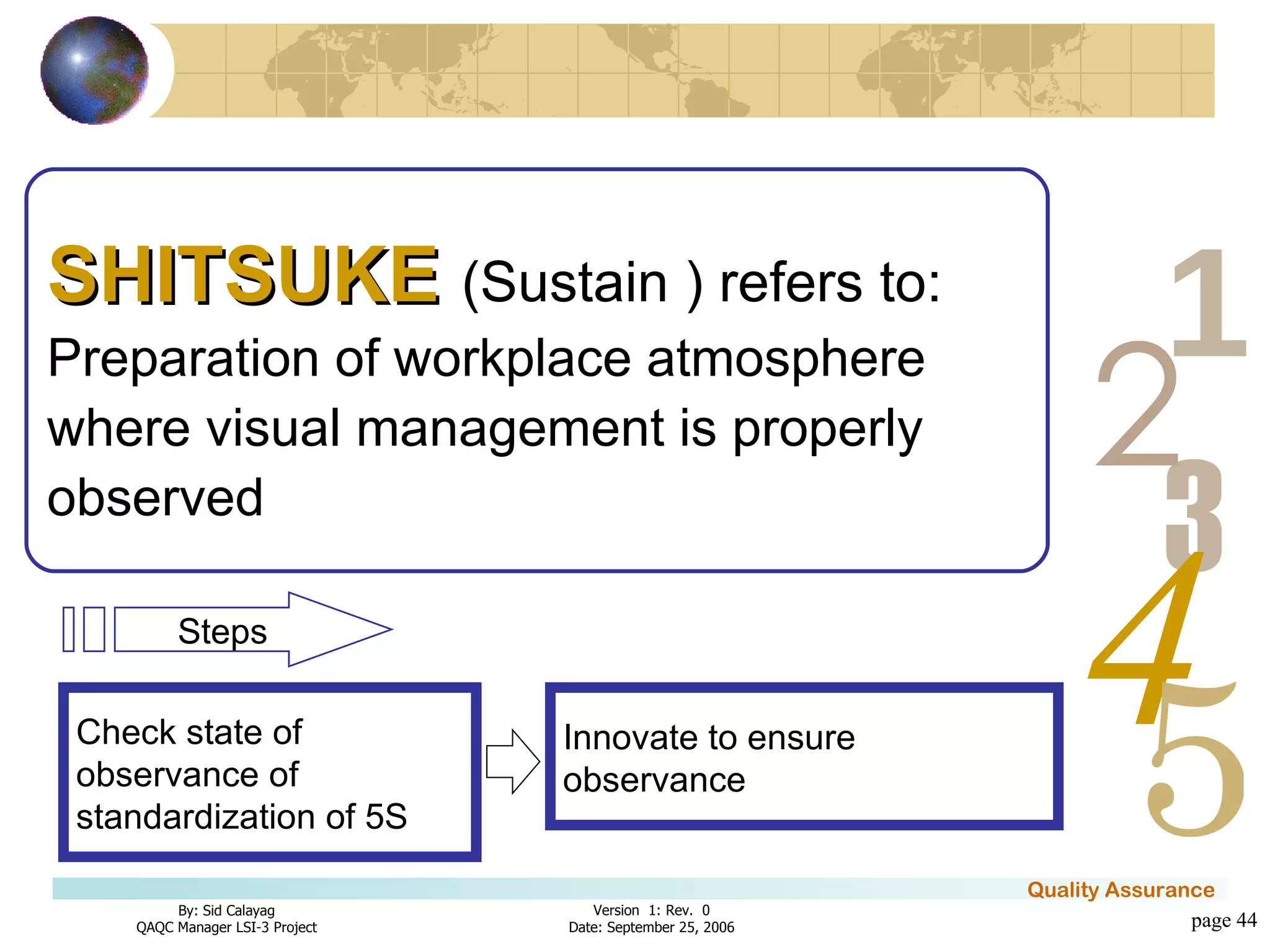 page  Innovate to ensure observance SHITSUKE   (Sustain ) refers to:  Preparation of workplace atmosphere where visual management is properly observed Check state of observance of standardization of 5S Steps 