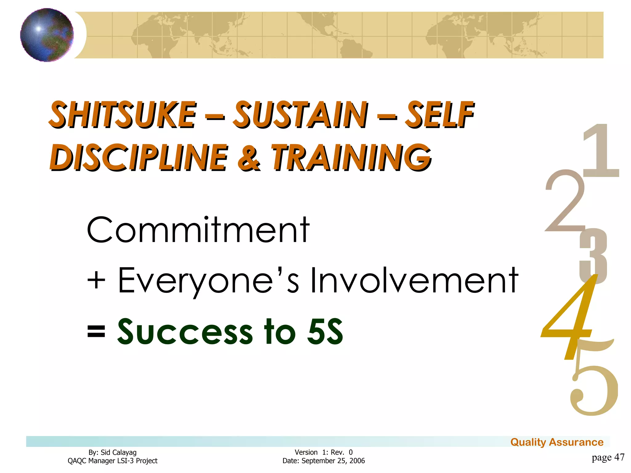 SHITSUKE – SUSTAIN – SELF DISCIPLINE & TRAINING Commitment + Everyone’s Involvement =  Success to 5S   page  