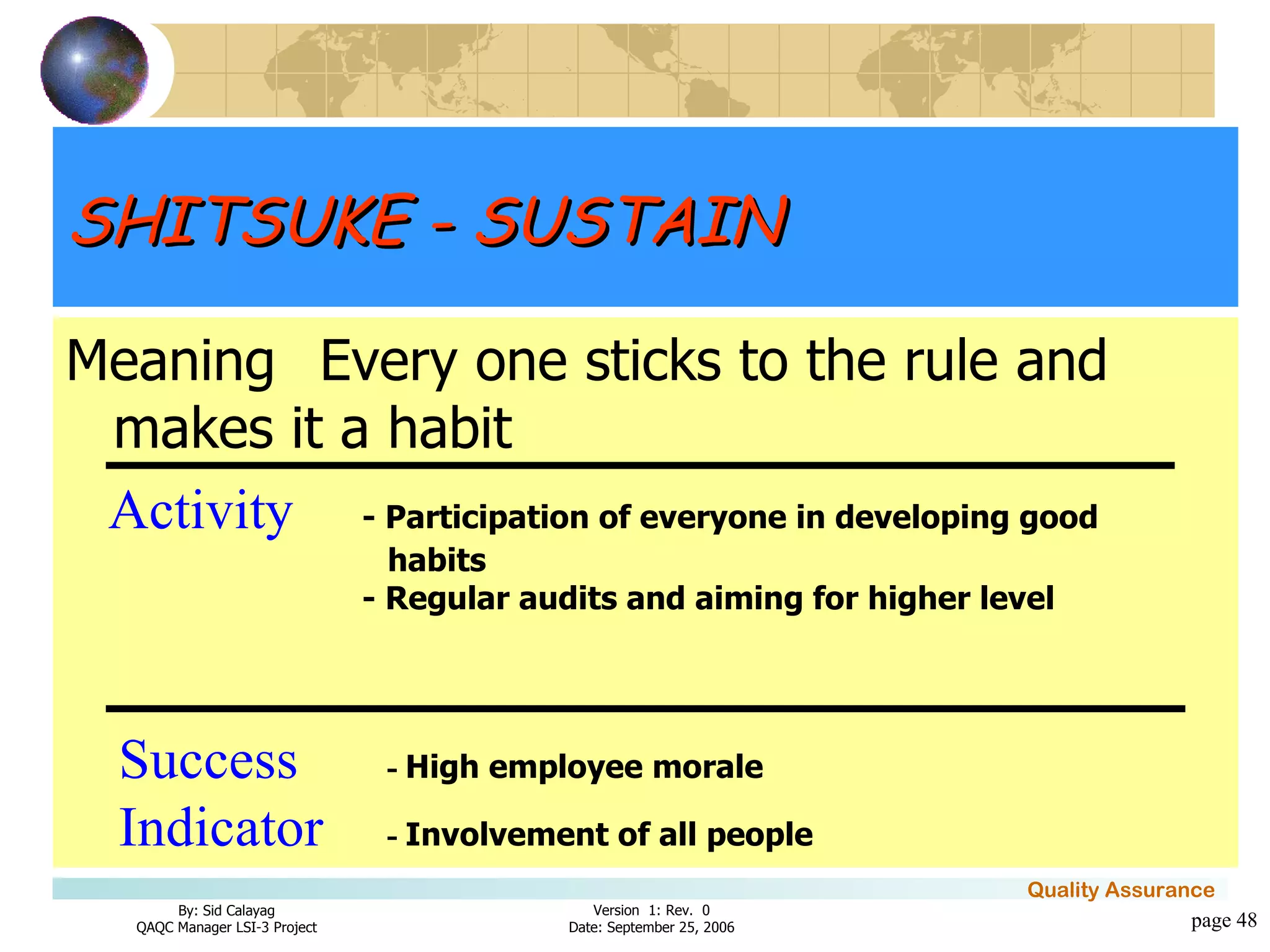 page  Meaning Every one sticks to the rule and makes it a habit  Activity - Participation of everyone in developing good habits - Regular audits and aiming for higher level Success   -  High employee morale Indicator   -  Involvement of all people  SHITSUKE - SUSTAIN 