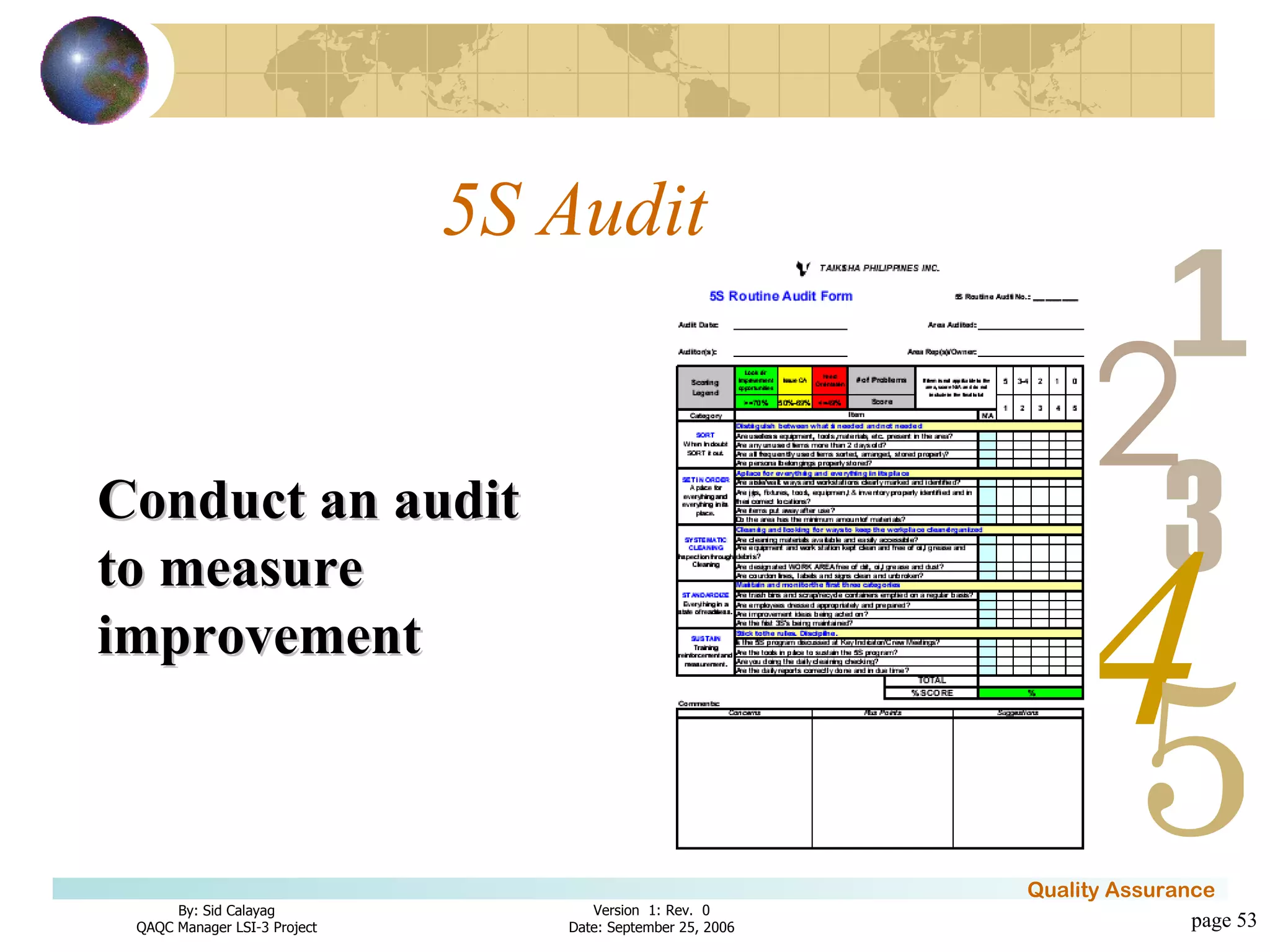 5S Audit page  Conduct an audit to measure improvement 