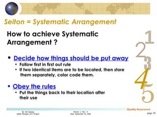 Seiton = Systematic Arrangement page  How to achieve Systematic Arrangement ? Decide how things should be put away Follow first in first out rule If two identical items are to be located, then store them separately, color code them. Obey the rules Put the things back to their location after their use 