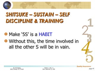 Make ‘5S’ is a  HABIT Without this, the time involved in all the other S will be in vain. SHITSUKE – SUSTAIN – SELF DISCIPLINE & TRAINING page  