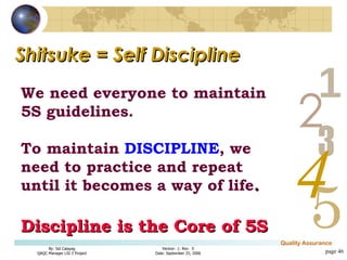 Shitsuke = Self Discipline page  We need everyone to maintain 5S guidelines. To maintain  DISCIPLINE , we need to practice and repeat until it becomes a way of life . Discipline is the Core of 5S 