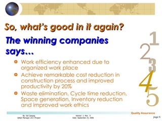 So, what’s good in it again?  Work efficiency enhanced due to organized work place  Achieve remarkable cost reduction in construction process and improved productivity by 20%  Waste elimination, Cycle time reduction, Space generation, Inventory reduction and improved work ethics page  The winning companies says… 