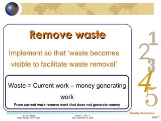 page  Remove waste Implement so that ‘waste becomes visible to facilitate waste removal’ Waste = Current work – money generating work From current work remove work that does not generate money 