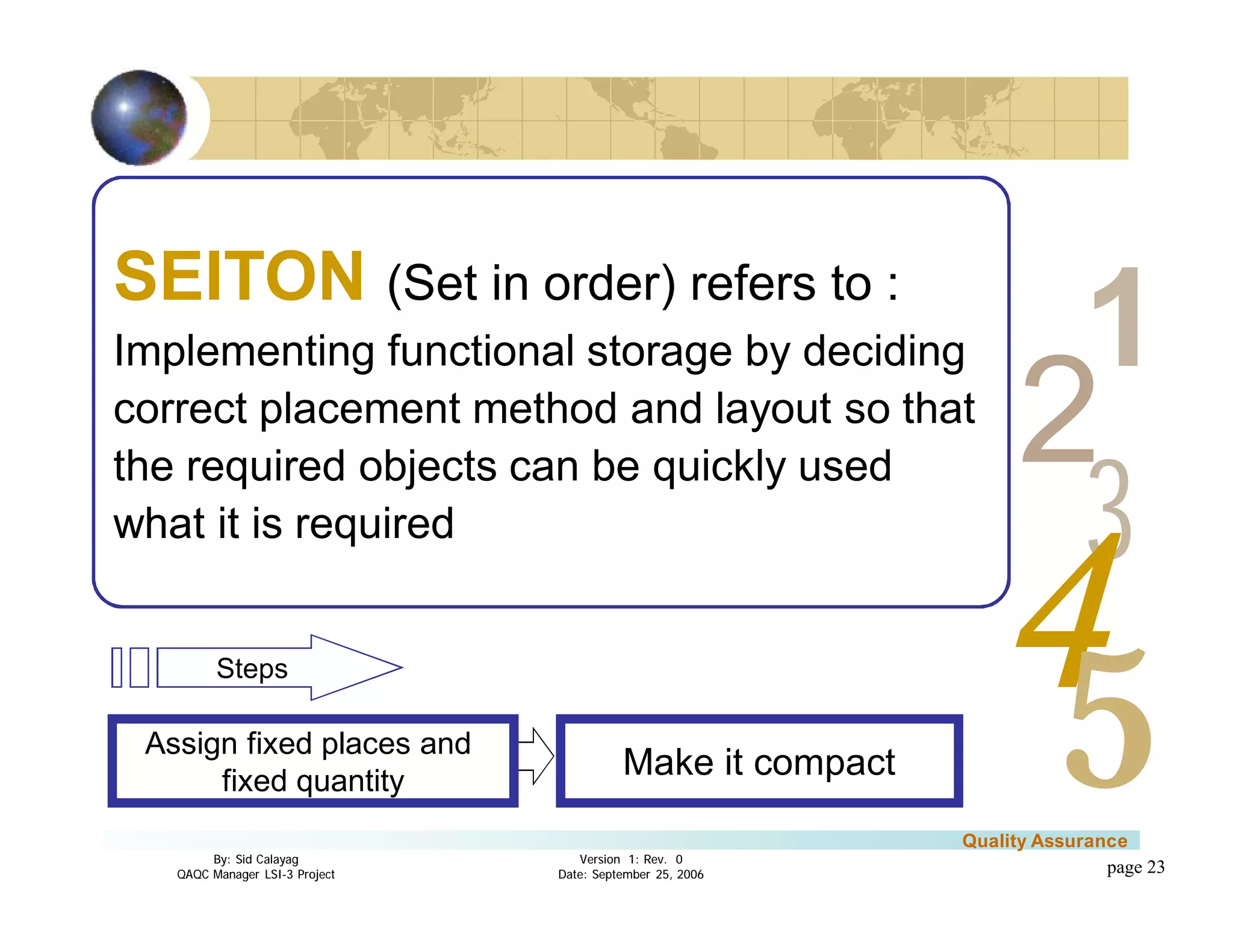 3
4
2
5
1
Version 1: Rev. 0
Date: September 25, 2006
By: Sid Calayag
QAQC Manager LSI-3 Project
Quality Assurance
page 23
Make it compact
SEITON (Set in order) refers to :
Implementing functional storage by deciding
correct placement method and layout so that
the required objects can be quickly used
what it is required
Assign fixed places and
fixed quantity
Steps
 