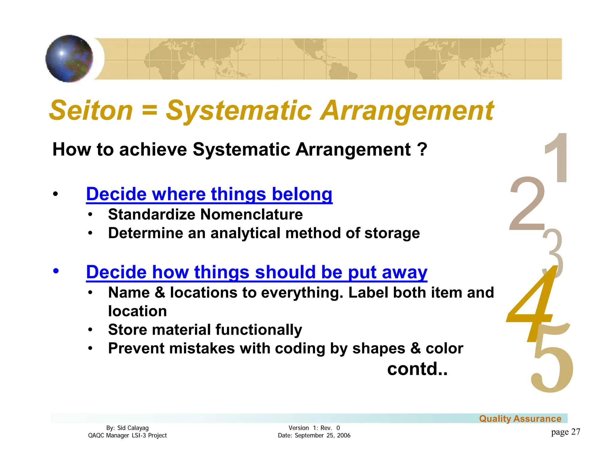 3
4
2
5
1
Version 1: Rev. 0
Date: September 25, 2006
By: Sid Calayag
QAQC Manager LSI-3 Project
Quality Assurance
page 27
Seiton = Systematic ArrangementSeiton = Systematic Arrangement
How to achieve Systematic Arrangement ?
• Decide where things belong
• Standardize Nomenclature
• Determine an analytical method of storage
• Decide how things should be put away
• Name & locations to everything. Label both item and
location
• Store material functionally
• Prevent mistakes with coding by shapes & color
contd..
 