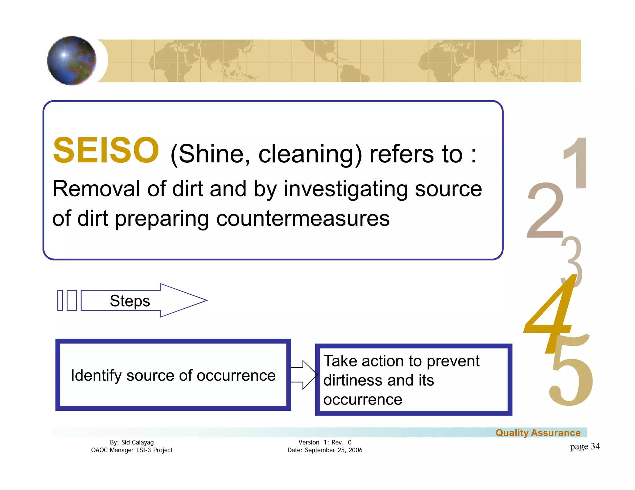 3
4
2
5
1
Version 1: Rev. 0
Date: September 25, 2006
By: Sid Calayag
QAQC Manager LSI-3 Project
Quality Assurance
page 34
Take action to prevent
dirtiness and its
occurrence
SEISO (Shine, cleaning) refers to :
Removal of dirt and by investigating source
of dirt preparing countermeasures
Identify source of occurrence
Steps
 