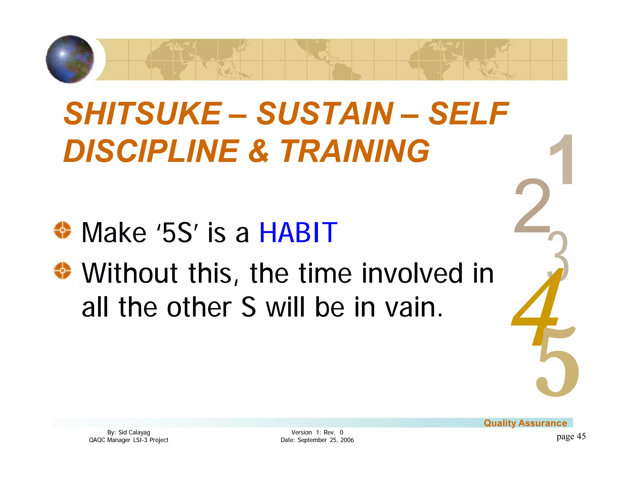 3
4
2
5
1
Version 1: Rev. 0
Date: September 25, 2006
By: Sid Calayag
QAQC Manager LSI-3 Project
Quality Assurance
page 45
Make ‘5S’ is a HABIT
Without this, the time involved in
all the other S will be in vain.
SHITSUKE – SUSTAIN – SELF
DISCIPLINE & TRAINING
 