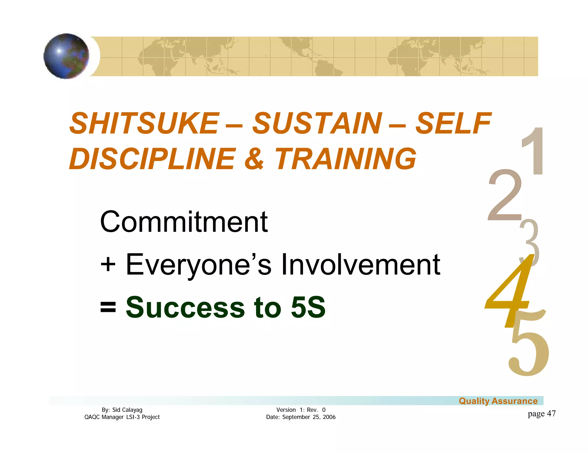 3
4
2
5
1
Version 1: Rev. 0
Date: September 25, 2006
By: Sid Calayag
QAQC Manager LSI-3 Project
Quality Assurance
page 47
SHITSUKE – SUSTAIN – SELF
DISCIPLINE & TRAINING
Commitment
+ Everyone’s Involvement
= Success to 5S
 