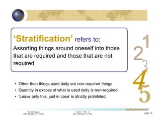 3
4
2
5
1
Version 1: Rev. 0
Date: September 25, 2006
By: Sid Calayag
QAQC Manager LSI-3 Project
Quality Assurance
page 14
‘Stratification’ refers to:
Assorting things around oneself into those
that are required and those that are not
required
• Other than things used daily are non-required things
• Quantity in excess of what is used daily is non-required
• ‘Leave only this, just in case’ is strictly prohibited
 