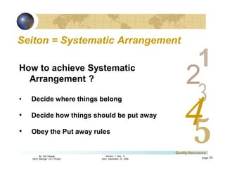 3
4
2
5
1
Version 1: Rev. 0
Date: September 25, 2006
By: Sid Calayag
QAQC Manager LSI-3 Project
Quality Assurance
page 26
Seiton = Systematic ArrangementSeiton = Systematic Arrangement
How to achieve Systematic
Arrangement ?
• Decide where things belong
• Decide how things should be put away
• Obey the Put away rules
 