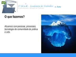 O que fazemos? Atuamos com pessoas, processos, tecnologia de comunidade de prática e arte. 