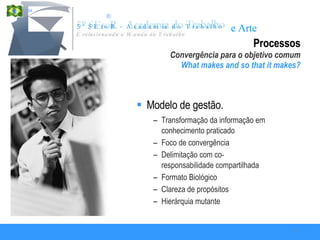 Processos Convergência para o objetivo comum What makes and so that it makes? Modelo de gestão. Transformação da informação em conhecimento praticado Foco de convergência Delimitação com co-responsabilidade compartilhada Formato Biológico  Clareza de propósitos Hierárquia mutante 