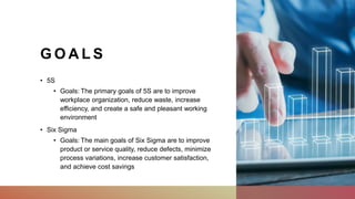G O A L S
• 5S
• Goals: The primary goals of 5S are to improve
workplace organization, reduce waste, increase
efficiency, and create a safe and pleasant working
environment
• Six Sigma
• Goals: The main goals of Six Sigma are to improve
product or service quality, reduce defects, minimize
process variations, increase customer satisfaction,
and achieve cost savings
 