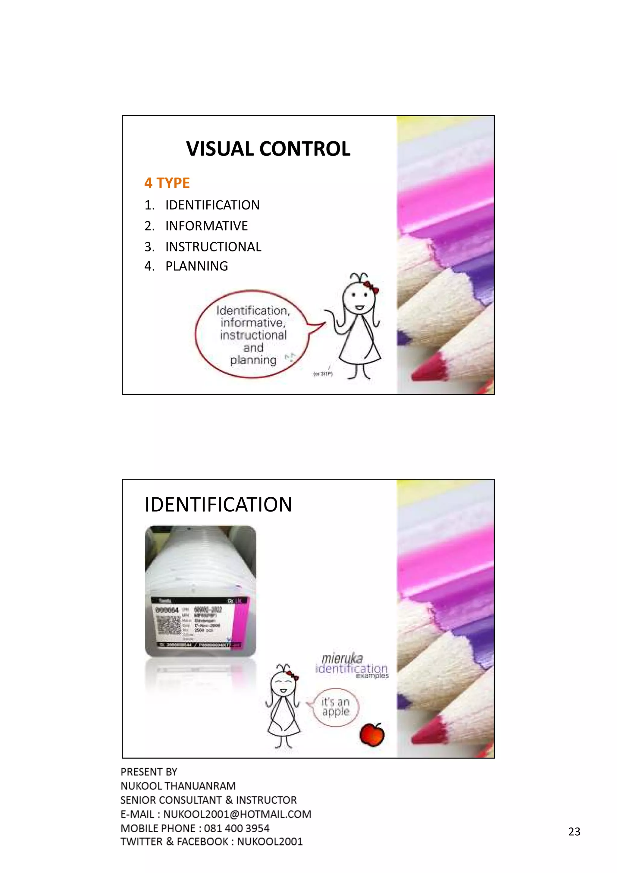 VISUAL CONTROL
4 TYPE
1.   IDENTIFICATION
2.   INFORMATIVE
3.   INSTRUCTIONAL
4.   PLANNING




IDENTIFICATION




                         23
 
