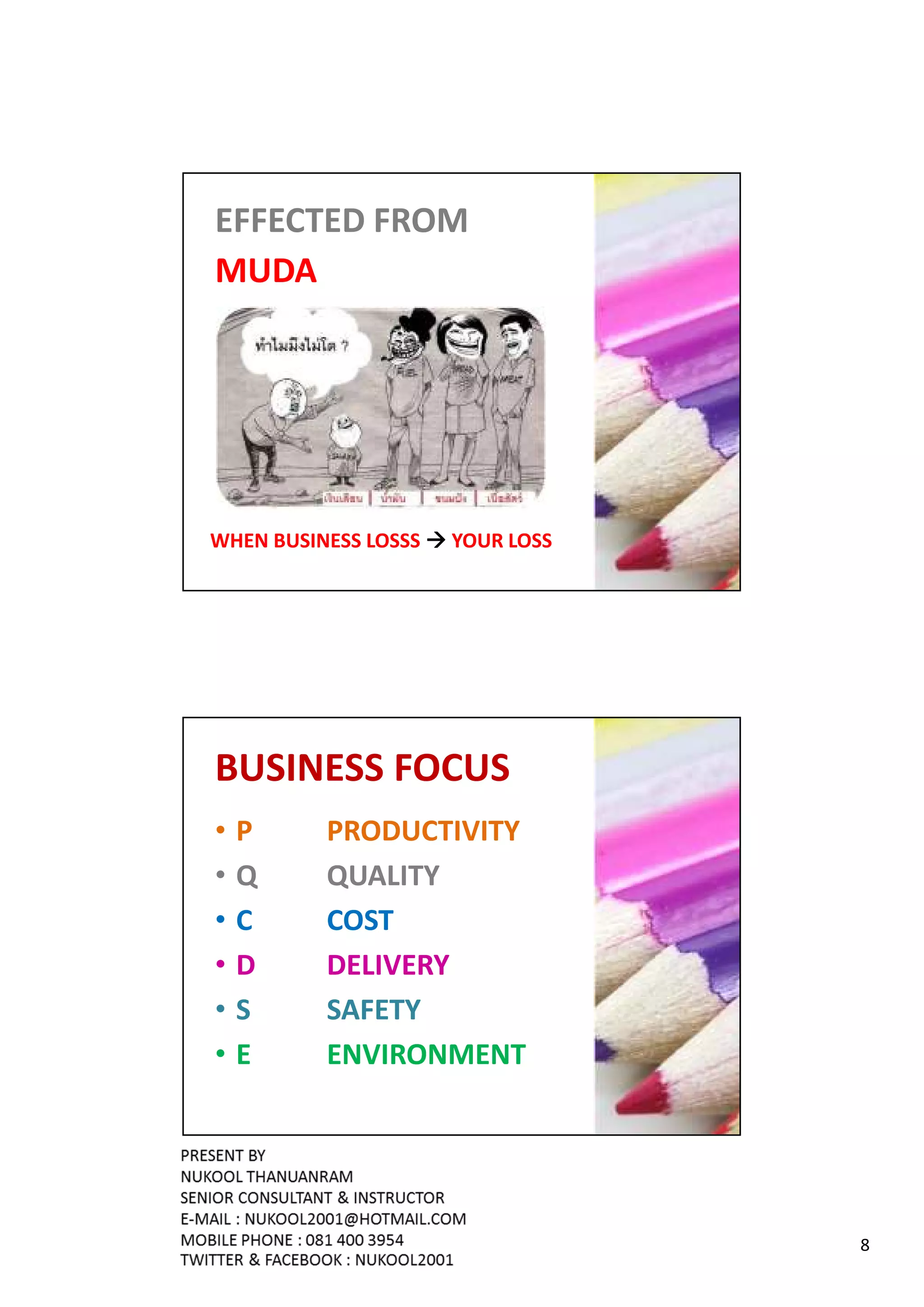 EFFECTED FROM
MUDA




WHEN BUSINESS LOSSS   YOUR LOSS




BUSINESS FOCUS
•   P     PRODUCTIVITY
•   Q     QUALITY
•   C     COST
•   D     DELIVERY
•   S     SAFETY
•   E     ENVIRONMENT




                                  8
 